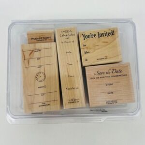 Stampin Up Invitation Rubber Stamp Set 5pc Tan Wood Mounted DIY Party Stationery